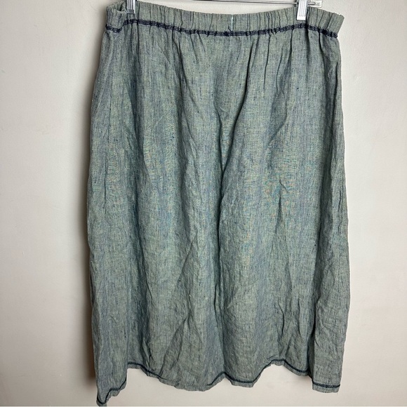 FLAX 100% Linen Green Maxi Skirt Women's 1X Elastic Waist Lightweight Lagenlook - Picture 2 of 8